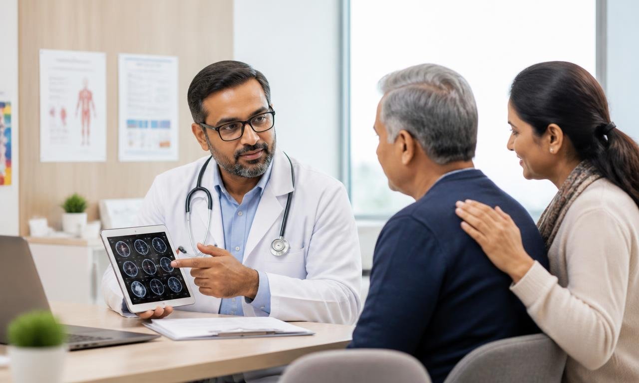 Oncologist explaining a scan report to a patient and family during consultation